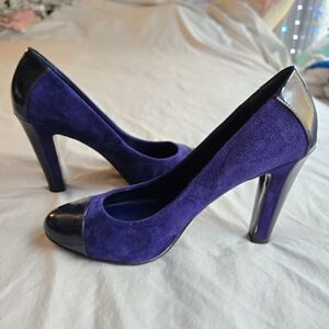 Lauren Ralph Lauren Blue Suede Patent Leather Block Heels 6.5 - EUC